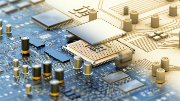 istock 3D illustration of a CPU over a generic mainboard. Realistic and wireframe design 1438569488