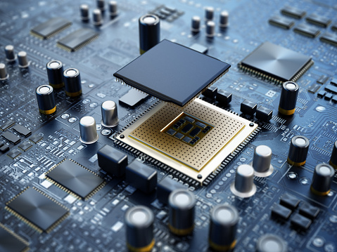 3D illustration of a CPU over a generic mainboard