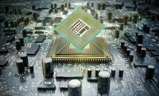 3D illustration of a CPU over a generic mainboard