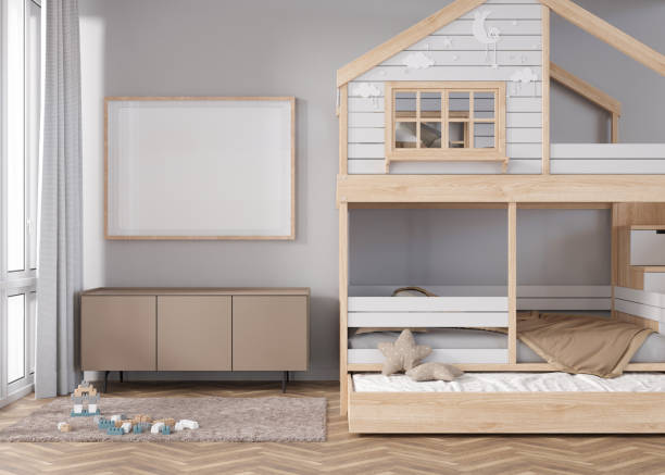istock Empty horizontal picture frame on gray wall in modern child room. Mock up interior in contemporary, scandinavian style. Free, copy space for picture. Bed, toys. Cozy room for kids. 3D rendering. 1438569534