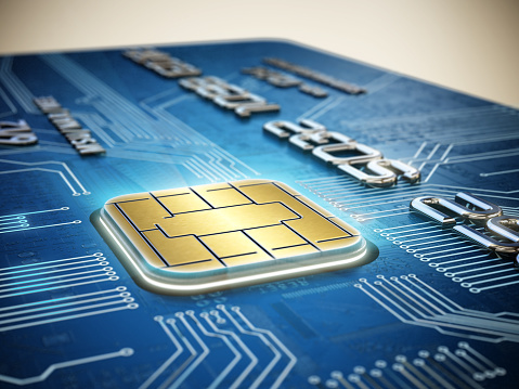 3D illustration of a golden computer chip on motherboard like credit card.
