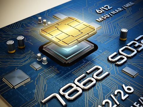 3D illustration of a golden computer chip on motherboard like credit card.