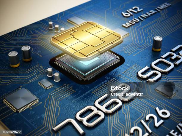 3d Illustration Of A Golden Computer Chip On Motherboard Like Credit Card Stock Photo - Download Image Now