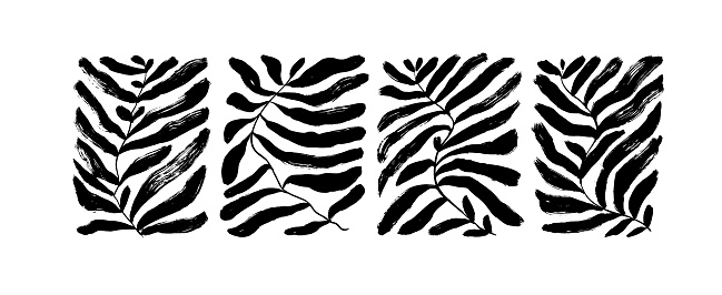 Contemporary organic plant shapes collection. Hand drawn abstract palm leaf in rectangle shapes. Vector black ink illustration with brush strokes. Abstract Fauvist and naive style of leaves.