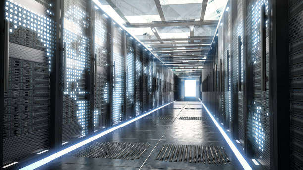 istock Network servers standing in a row inside a data center. Blue glowing lights on the racks 1438569898