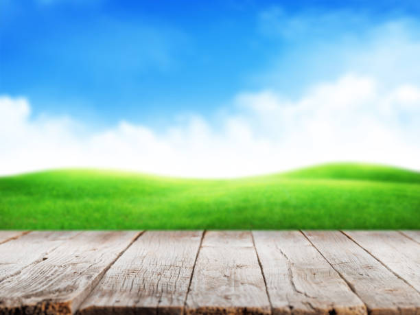 istock Empty wooden table with sunny summer landscape 1438569966