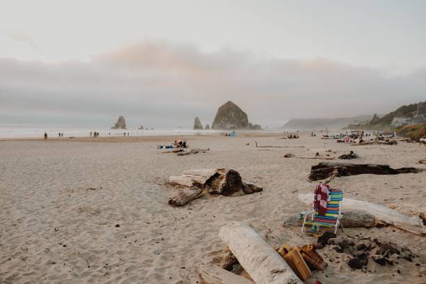 The Cannon Beach surrounded by holidaymakers with the Haystack Rock under a cloudy sky on the background