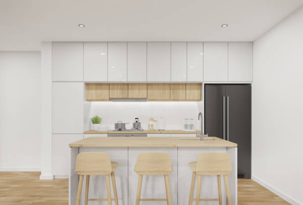istock Kitchen cabinet wall with island on wooden floor. 1438570195