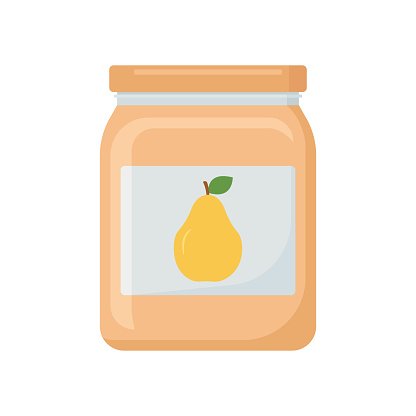 Fruit pear jam in glass jar. Bottle with preserve, canning. Vector illustration