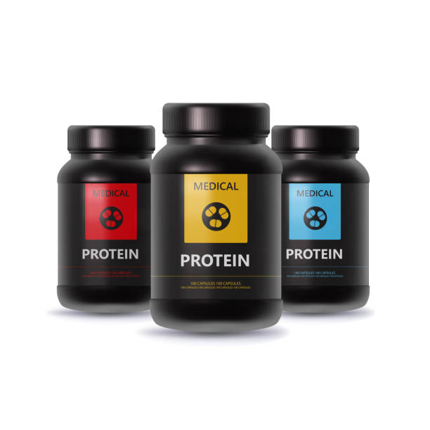 Mockup Banks black Protein sports 3d container. Amino acids Round pack for muscle training. Realistic cylindrical jar with vitamins. Mockup Banks black Protein sports 3d container. Amino acids Round pack for muscle training. Realistic cylindrical jar with vitamins. vector illustration protein powder bottle stock illustrations