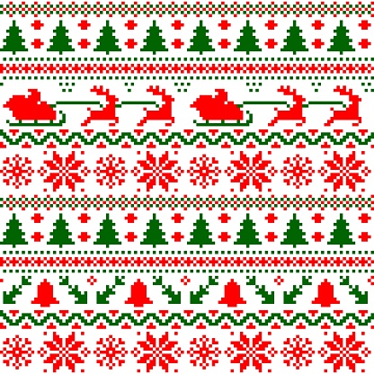 Christmas sweater seamless pattern. Vector background with knitted texture of ugly jumper, nordic ornament of Xmas winter holidays with Christmas trees, snowflakes, deer, Santa, reindeer and sleigh