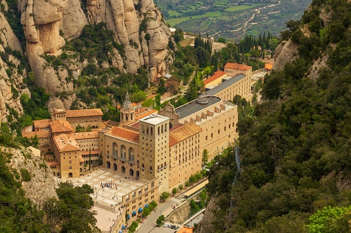Aerial of the Santa Maria de Montserrat Abbey in Catalonia, Spain