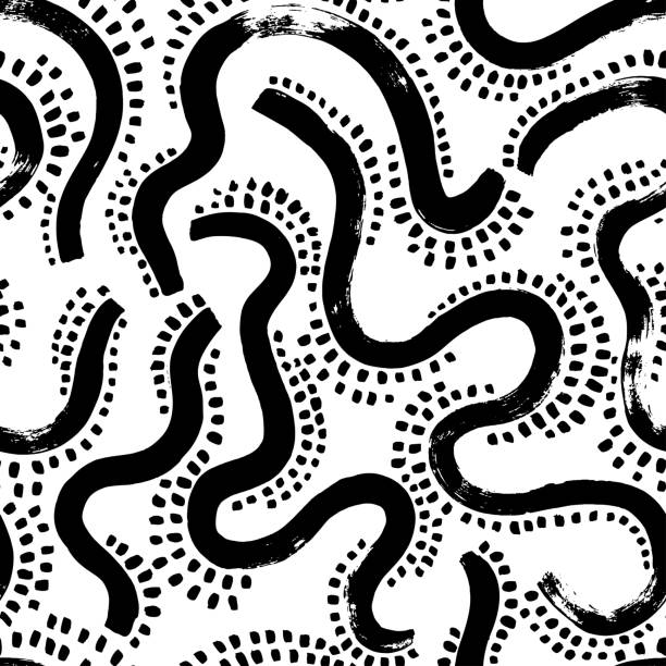 Curved bold brush strokes seamless pattern. Curved bold brush strokes seamless pattern. Hand drawn chaotic ink brush scribbles decorative texture with dots. Vector messy doodles, bold curvy lines illustration. Black and white organic ornament. organic swirl pattern stock illustrations