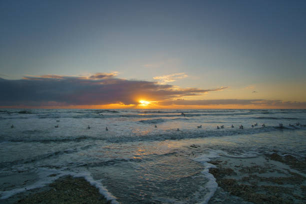 istock Sunset on the beach in Denmark. Waves rolling over the sand. Walk on the coast 1438573211