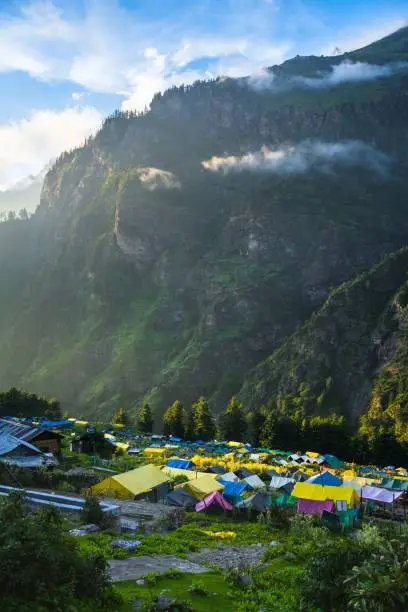 View form Kheerganga Campsite Parvati Valley Dauladhar Range Himachal Pradesh India.
