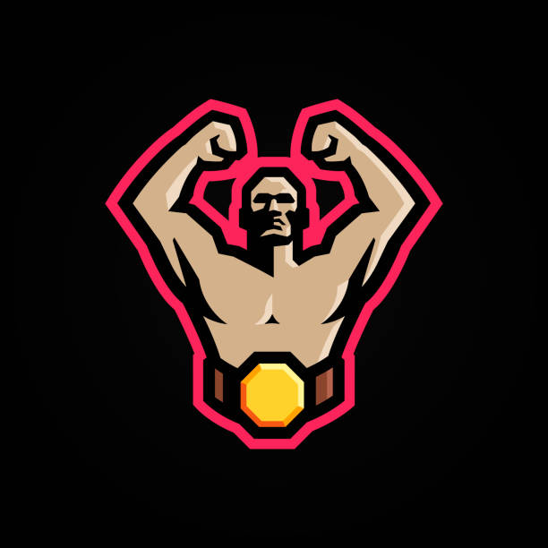 Fight muscular boxer. Vector image. Martial Arts. MMA fighter. Winner icon. Champion's Belt. Modern masculine logo for sports team and figures of gladiators. Fight muscular boxer. Vector image. Martial Arts. MMA fighter. Winner icon. Champion's Belt. Modern masculine logo for sports team and figures of gladiators. wrestling logo stock illustrations