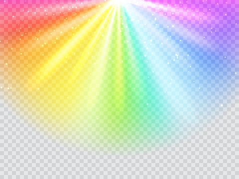 Rainbow rays on transparent background. Sun light refraction ray backdrop, sunlight spectrum flare realistic vector cover or wallpaper. Rainbow gradient glare, magic glow, prism reflection background