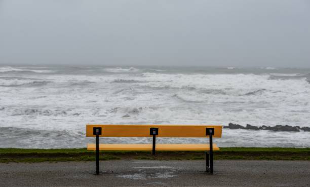 istock Bench on the beach surrounded by the sea under a cloudy sky during the storm 1438573927