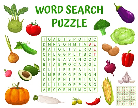 Raw farm vegetables, word search puzzle game worksheet, vector quiz. Search and find word riddle grid with corn, tomato and cucumber, potato with corn and kohlrabi cabbage, broccoli and avocado