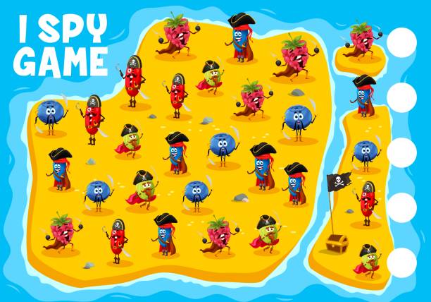 Berry pirates on island i spy game worksheet Berry pirates and corsairs on island. I spy game worksheet. Kids educational quiz, playing activity vector worksheet with gooseberry and raspberry, blueberry and honeyberry, rosehip pirate personages spy games stock illustrations