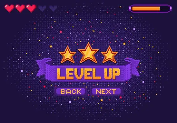 Vector illustration of Level up 8bit game, console or arcade pixel screen