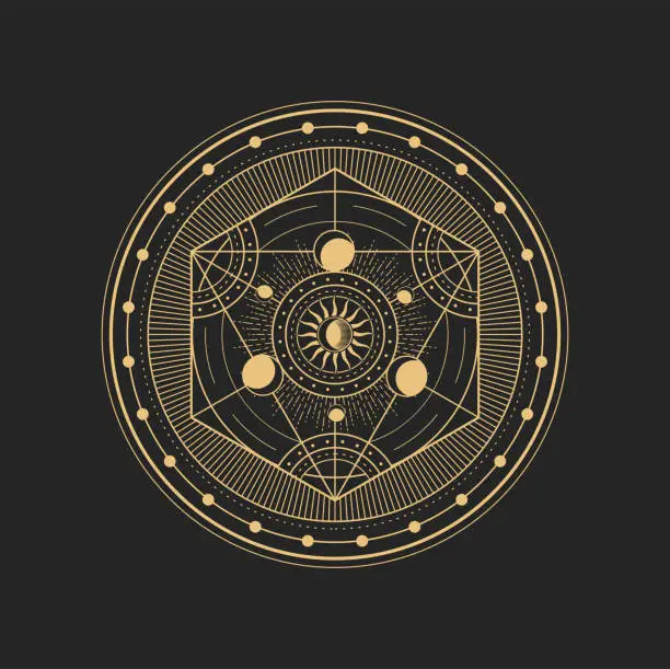 Vector illustration of Esoteric occult vector sign with Moon, Sun, amulet