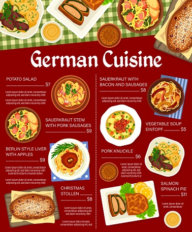 German cuisine restaurant meals menu. Soup Eintopf, salmon spinach pie and Berlin style liver with apples, potato salad, sauerkraut with bacon and stew with pork sausages, knuckle, Christmas Stollen