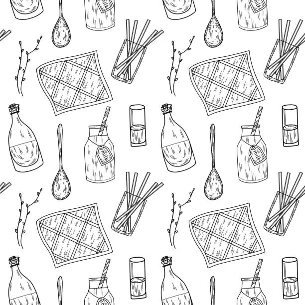 Vector illustration of Dairy theme pattern with napkins, spoons, milk bottles, glasses and straws in line art style.