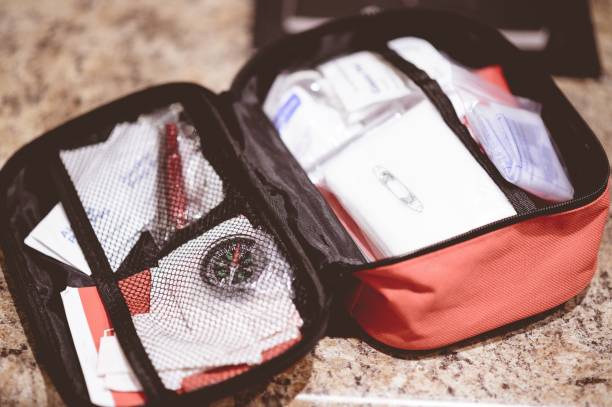 istock Closeup shot of an open first aid bag with a first aid kit 1438574801