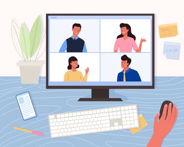 illustrazioni stock, clip art, cartoni animati e icone di tendenza di area di lavoro dell'ufficio con schermo del computer. gruppo di persone che parlano - telelavoro