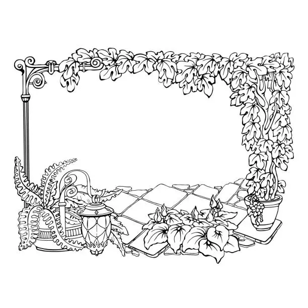 Vector illustration of Floral Border. Outline hand drawn botanica frame. Vector illustration.