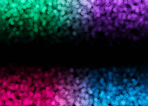 Colorful bokeh lights on black background. Copy space for your text. Abstract backdrop. Festive, celebration. Boke effect. Small out-of-focus neon light parts. Lower and upper frame, border. 3D render