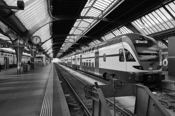 Zurich, Switzerland – November 30, 2019: A Zurich main train station in black and white