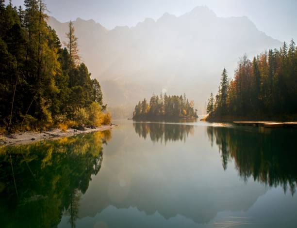 istock Breathtaking view of Zugspitze lake surrounded with forests in Eibsee 1438577264