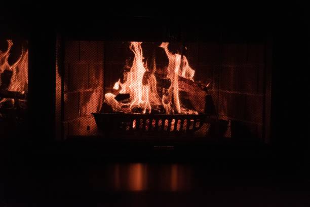 istock Closeup shot of a fire in a brick fireplace with screen 1438577804