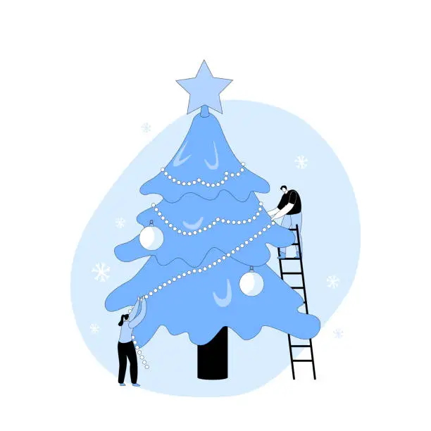 Vector illustration of Happy Characters Decorate Christmas Tree. Young Man and Woman on Ladder Hanging Garland for New Year or Christmas