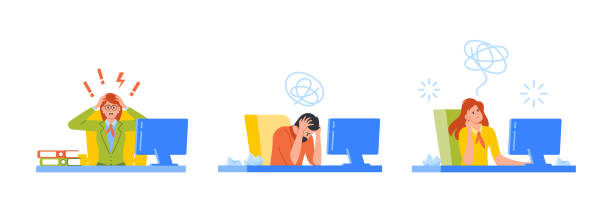 Set Stressed Business Characters with Crumpled Paper Documents on Desk Tired with Urgent Work. Deadline Set Stressed Business Characters with Crumpled Paper Documents on Desk Tired with Urgent Work. Deadline, Professional and Psychological Burnout Concept. Cartoon People Vector Illustration crumbled piles of paper desk stock illustrations