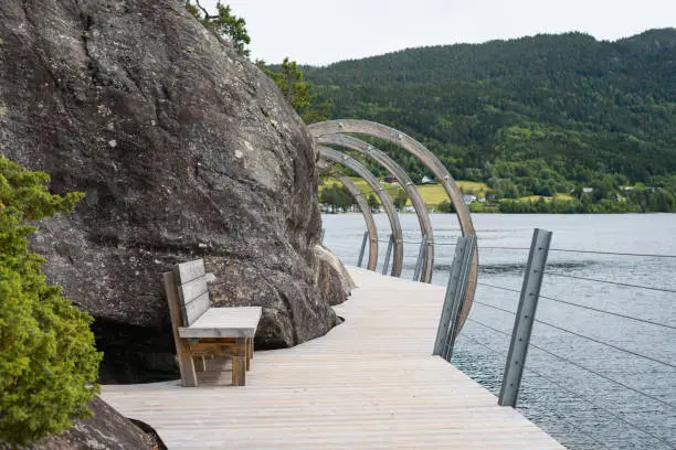A wooden boardwalk near lake in Fyresdal, Norway