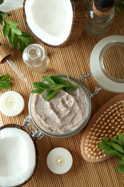 istock Skin care scrub concept on bamboo mat 1438579123