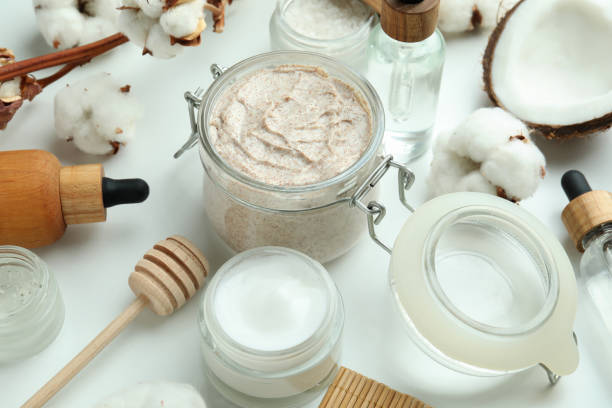 istock Skin care scrub concept on white background 1438579536