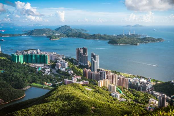 라마섬과 폭푸람의 모습 하이 웨스트 산 전망대, 홍콩 - lamma island 뉴스 사진 이미지