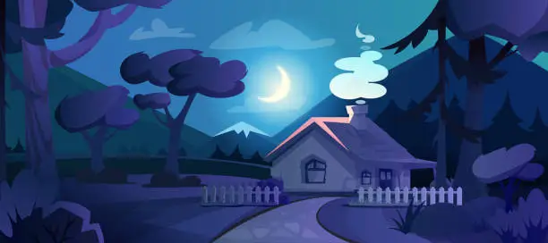 Vector illustration of Cartoon country house with glow windows in night forest