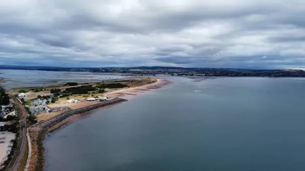 An aerial view of Dawlish Warren on a cloudy day, UK