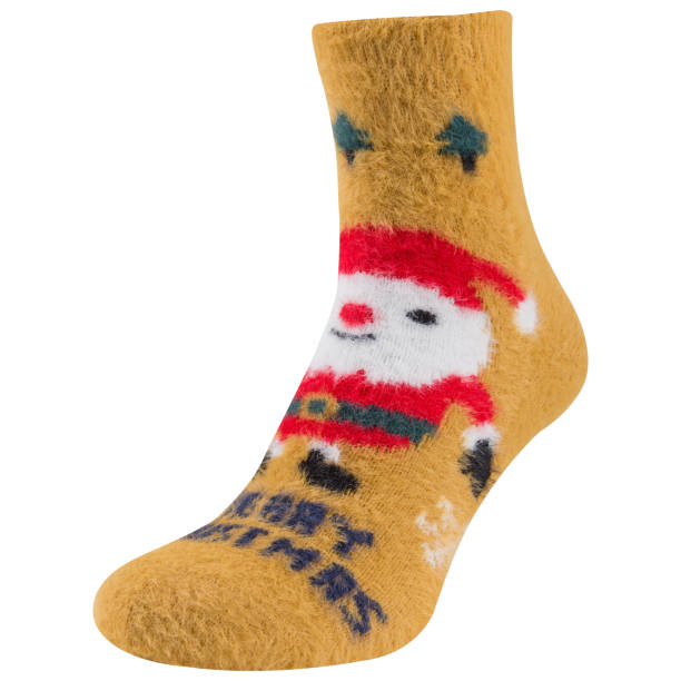 istock Yellow woolen sock with santa claus applique, on a white background 1438582154