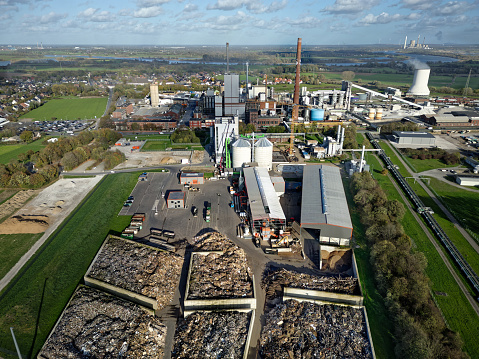 Biomass power station in North Rhine-Westphalia, using waste wood and old timber to generate electricity and steam.