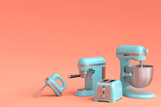 istock Espresso coffee machine, hand mixer, kettle and toaster on coral background. 1438585384