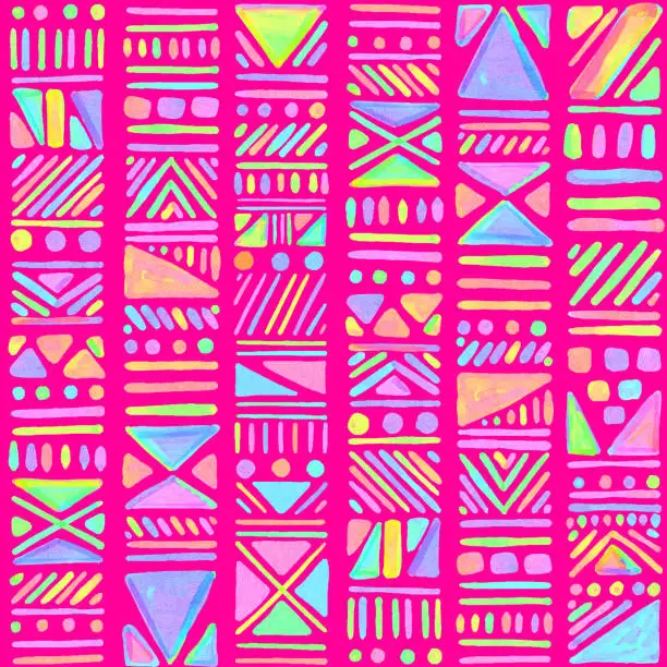 Vector illustration of Neon Vibrant Colored Watercolor Seamless Tribal Pattern. Hand Drawn Stripes, Triangles and Circles Pattern Background. Design Element for Greeting Cards and Labels, Marketing, Business Card Abstract Background
