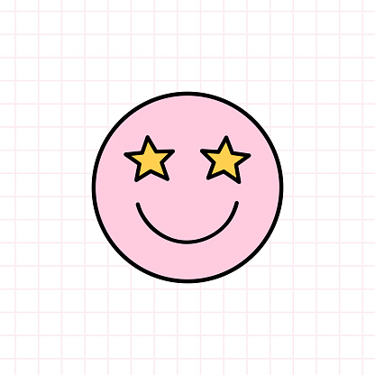 Cute pink smile icon with star eyes in the style of the 90s. Vector hand-drawn doodle illustration isolated on white background. Nostalgia for the 1990s. Perfect for cards, decorations, logo, stickers