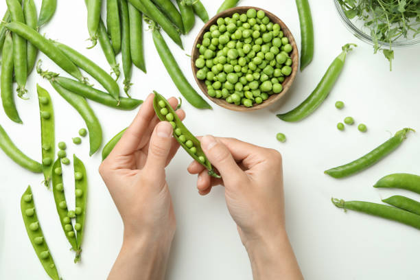 istock Female hands hold green pea on white background, top view 1438588878