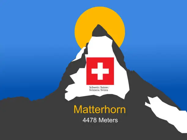 Vector illustration of Famous Swiss mountain peak Matterhorn, Canton Valais, with a height of 4478 meters above sea level on a sunny summer day.
